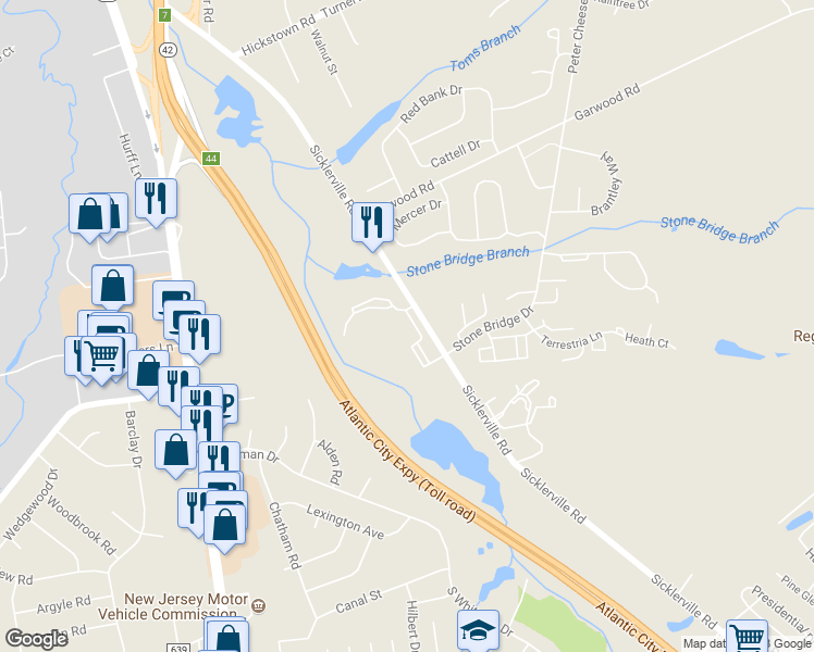 map of restaurants, bars, coffee shops, grocery stores, and more near 1604 Beacon Hill Drive in Sicklerville