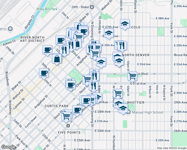map of restaurants, bars, coffee shops, grocery stores, and more near 3150 North Downing Street in Denver