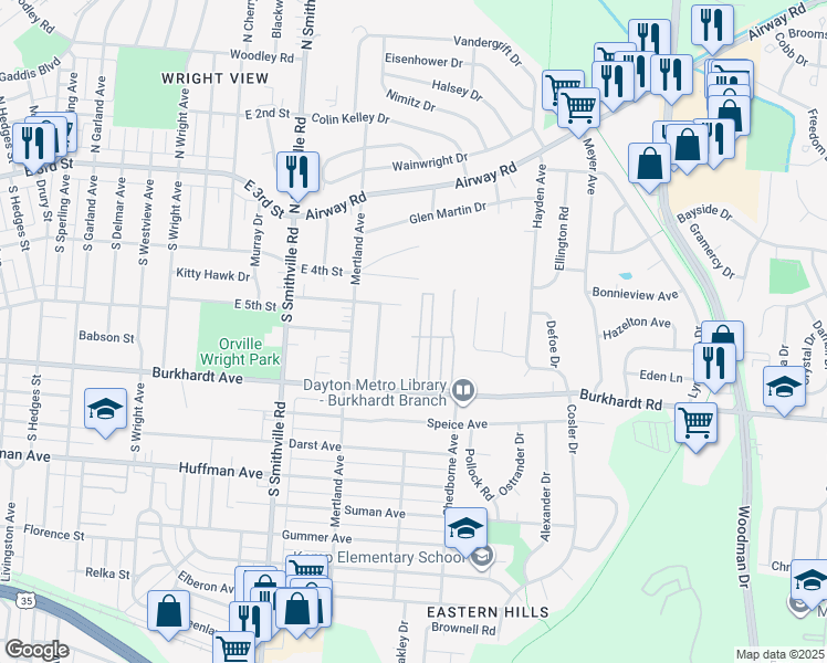 map of restaurants, bars, coffee shops, grocery stores, and more near 151 Big Pine Road in Dayton