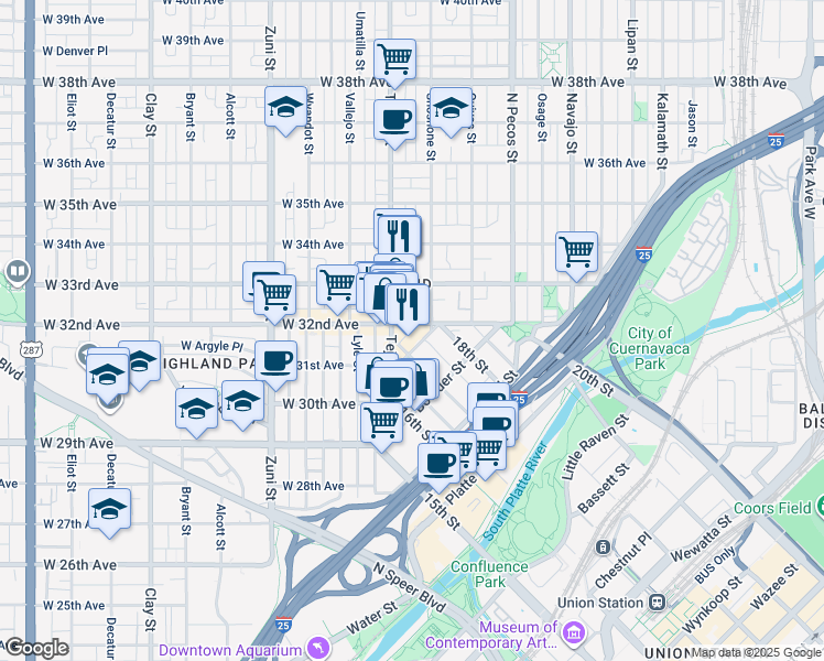map of restaurants, bars, coffee shops, grocery stores, and more near 1936 West 32nd Avenue in Denver