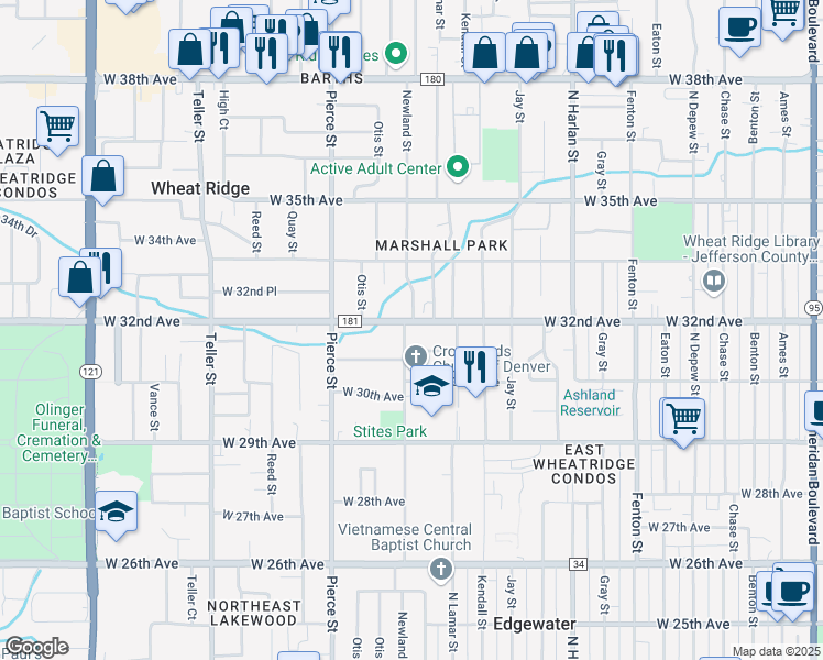 map of restaurants, bars, coffee shops, grocery stores, and more near 3190 Newland Street in Wheat Ridge