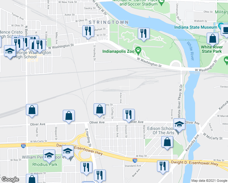 map of restaurants, bars, coffee shops, grocery stores, and more near 415 Coffey Street in Indianapolis