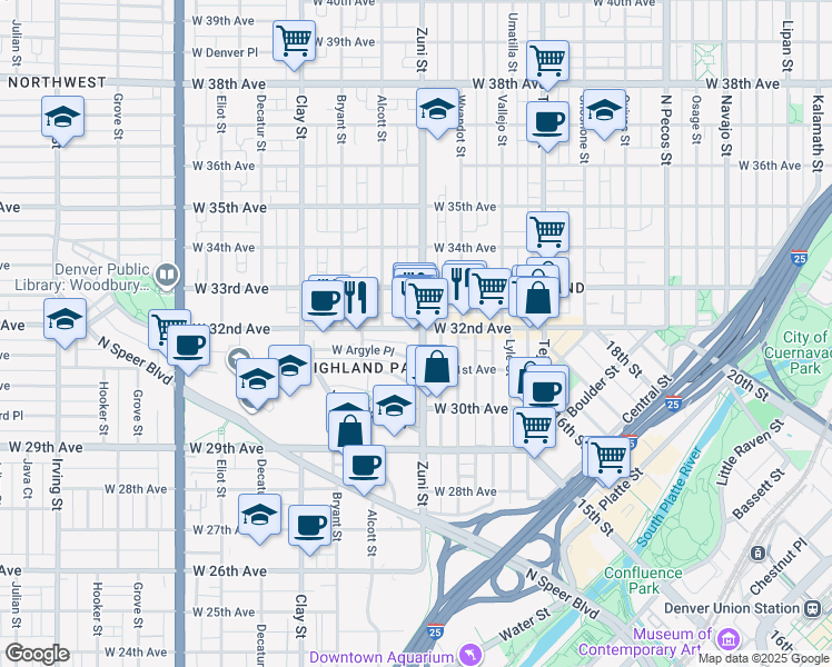 map of restaurants, bars, coffee shops, grocery stores, and more near in Denver