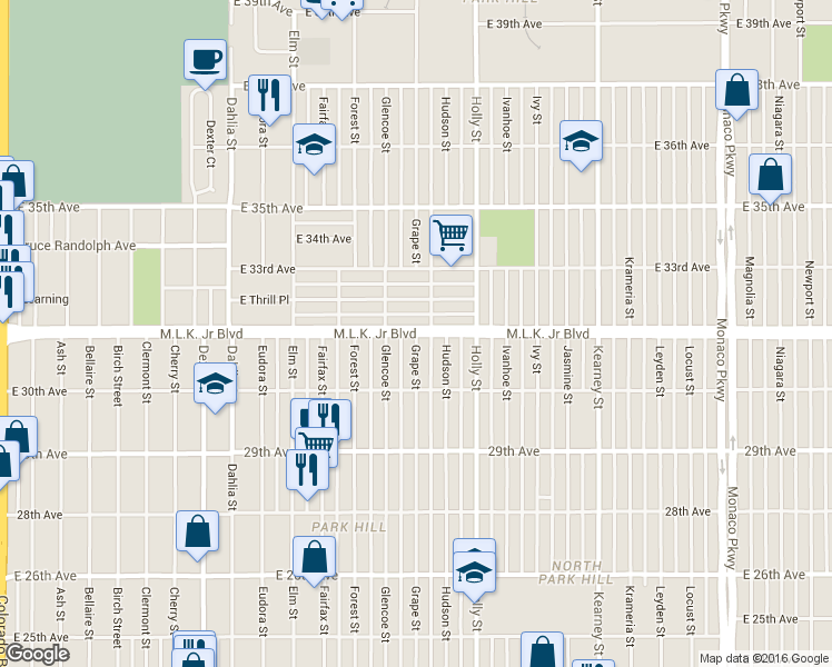 map of restaurants, bars, coffee shops, grocery stores, and more near Martin Luther King Jr Blvd & Grape St in Denver
