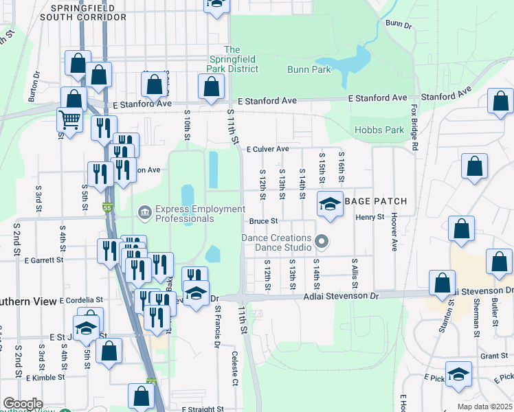 map of restaurants, bars, coffee shops, grocery stores, and more near 2912 South 12th Street in Springfield
