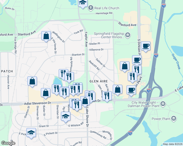 map of restaurants, bars, coffee shops, grocery stores, and more near 23 West Bel Aire Drive in Springfield