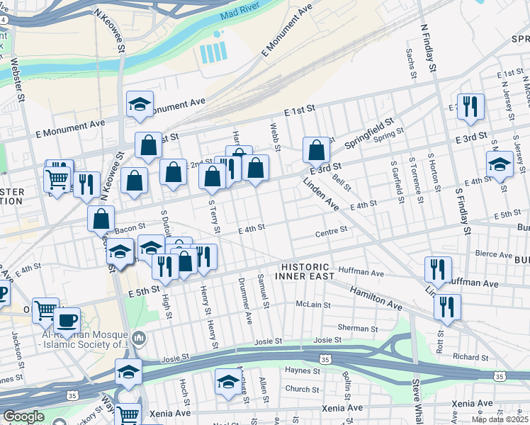 map of restaurants, bars, coffee shops, grocery stores, and more near 54 Ringgold Street in Dayton