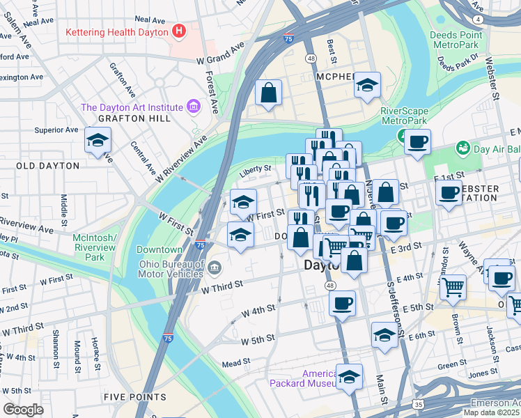 map of restaurants, bars, coffee shops, grocery stores, and more near 301 West First Street in Dayton