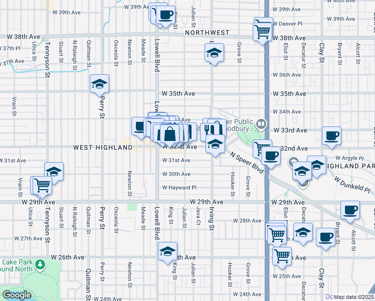 map of restaurants, bars, coffee shops, grocery stores, and more near 3366 West 32nd Avenue in Denver