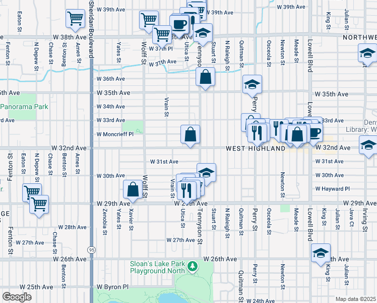 map of restaurants, bars, coffee shops, grocery stores, and more near 4440 West 32nd Avenue in Denver