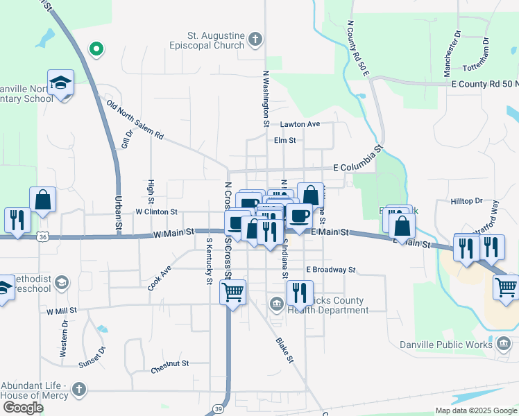 map of restaurants, bars, coffee shops, grocery stores, and more near 106 North Washington Street in Danville