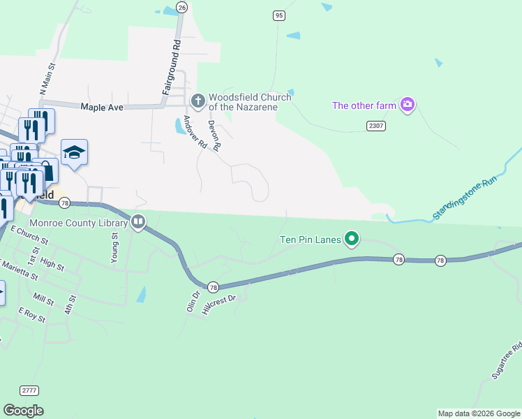 map of restaurants, bars, coffee shops, grocery stores, and more near 168 Andover Road in Woodsfield