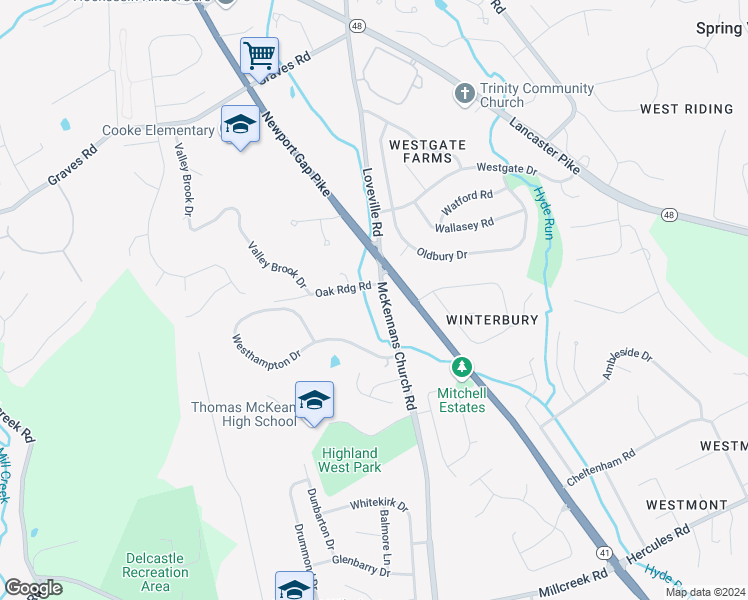 map of restaurants, bars, coffee shops, grocery stores, and more near 99 McKennans Church Road in Wilmington