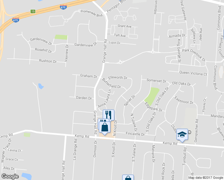 map of restaurants, bars, coffee shops, grocery stores, and more near 2430 Anna Laura Lane in Beavercreek