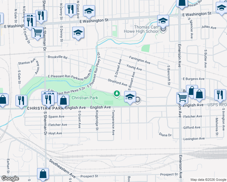 map of restaurants, bars, coffee shops, grocery stores, and more near 4608 Wentworth Boulevard in Indianapolis