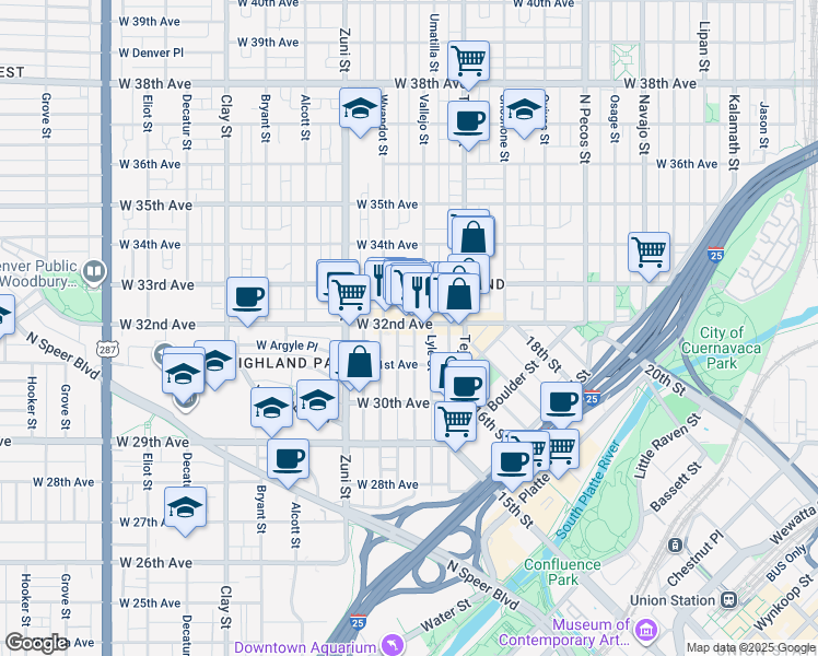 map of restaurants, bars, coffee shops, grocery stores, and more near 2235 West 32nd Avenue in Denver