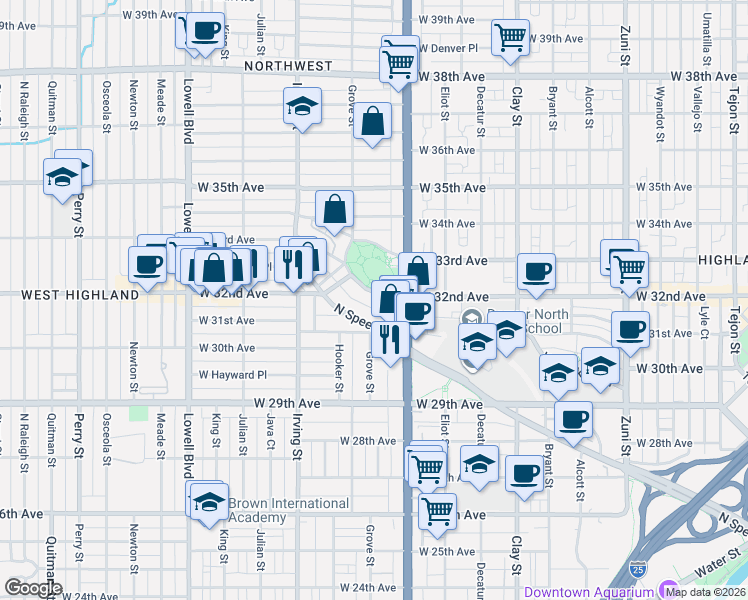 map of restaurants, bars, coffee shops, grocery stores, and more near 3050 West 32nd Avenue in Denver