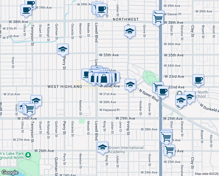 map of restaurants, bars, coffee shops, grocery stores, and more near 3420 West 32nd Avenue in Denver
