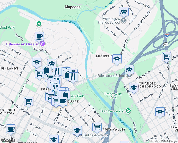 map of restaurants, bars, coffee shops, grocery stores, and more near 1702 North Park Drive in Wilmington