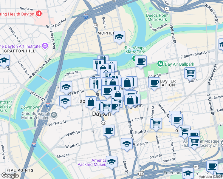 map of restaurants, bars, coffee shops, grocery stores, and more near 126 North Main Street in Dayton