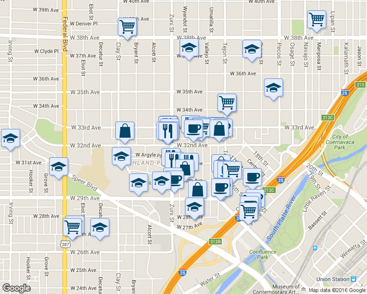 map of restaurants, bars, coffee shops, grocery stores, and more near 3161 Wyandot Street in Denver