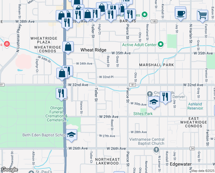 map of restaurants, bars, coffee shops, grocery stores, and more near 7030 West 32nd Avenue in Wheat Ridge