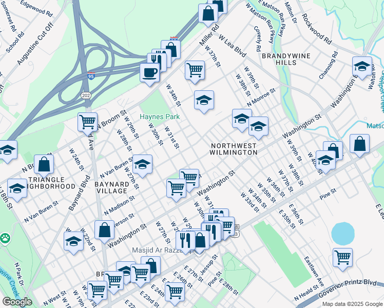map of restaurants, bars, coffee shops, grocery stores, and more near 510 West 32nd Street in Wilmington