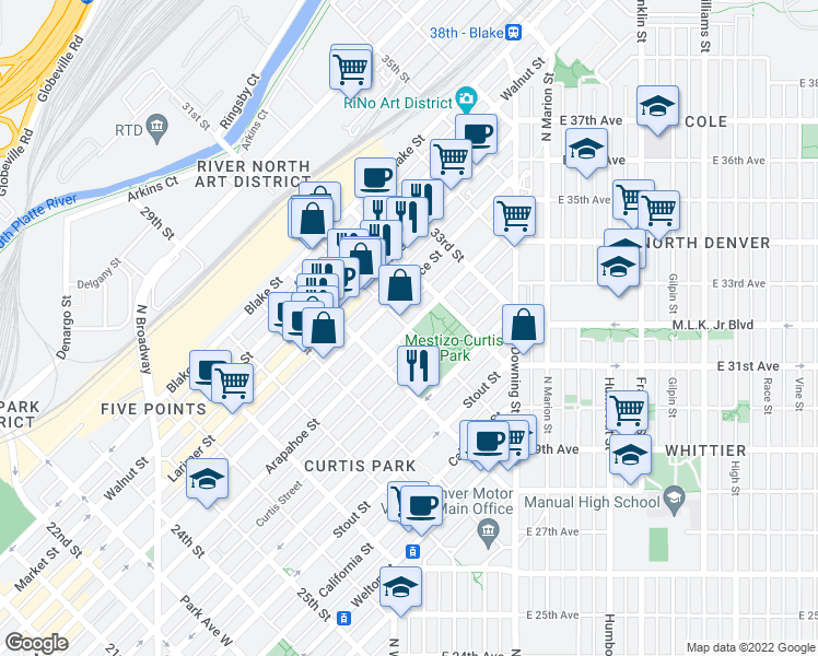 map of restaurants, bars, coffee shops, grocery stores, and more near 31st St in Denver