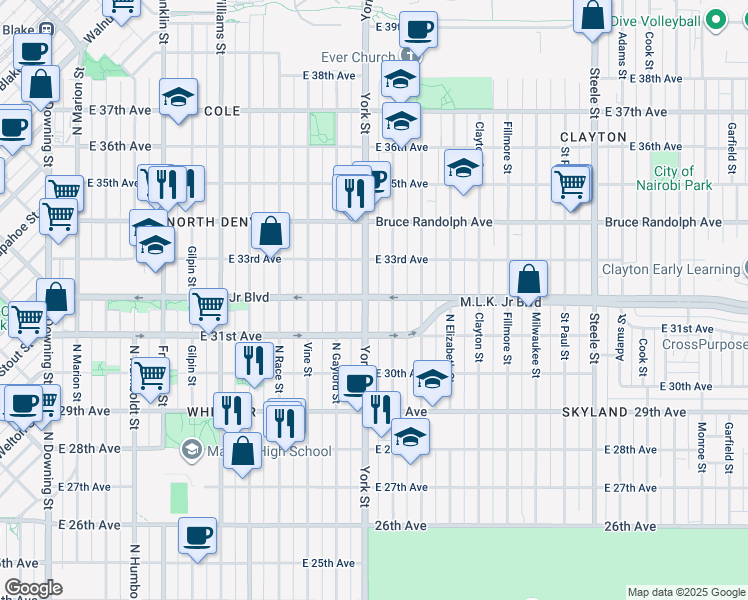 map of restaurants, bars, coffee shops, grocery stores, and more near 2302 Martin Luther King Junior Boulevard in Denver