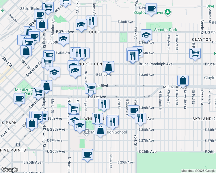 map of restaurants, bars, coffee shops, grocery stores, and more near 1930 Martin Luther King Junior Boulevard in Denver