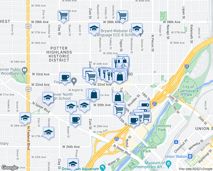 map of restaurants, bars, coffee shops, grocery stores, and more near 2235 West 32nd Avenue in Denver