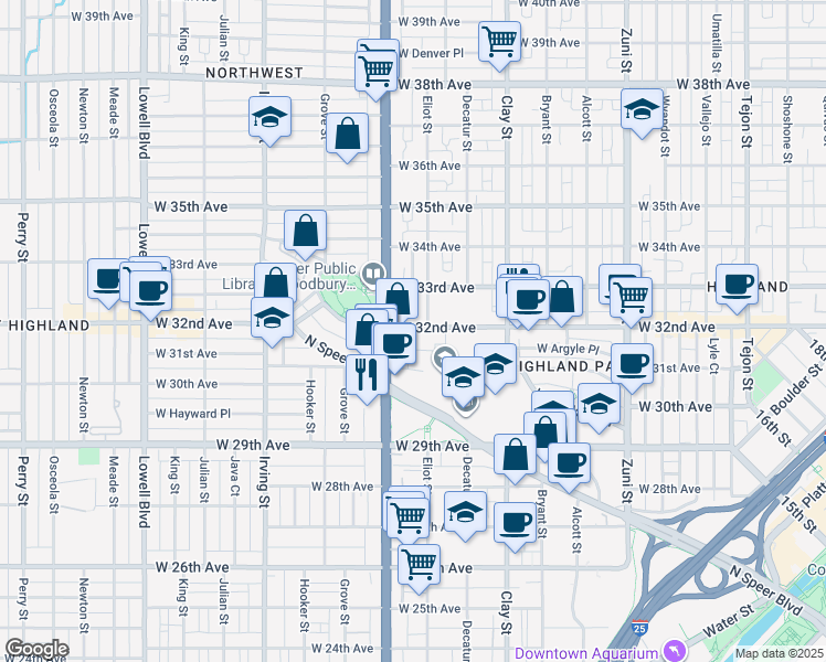 map of restaurants, bars, coffee shops, grocery stores, and more near 2900 West 32nd Avenue in Denver