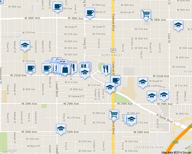 map of restaurants, bars, coffee shops, grocery stores, and more near 3178 Speer Boulevard in Denver