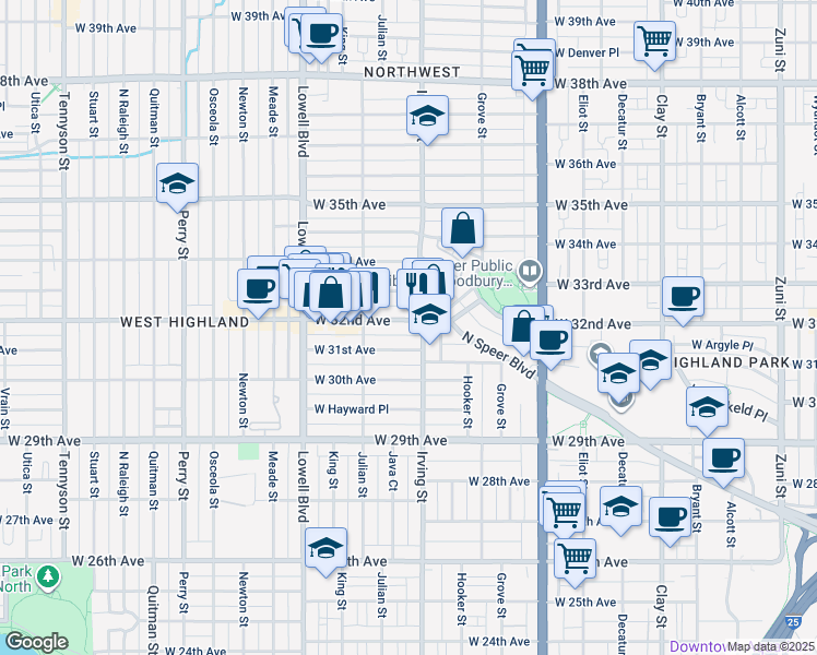 map of restaurants, bars, coffee shops, grocery stores, and more near 3300 West 32nd Avenue in Denver