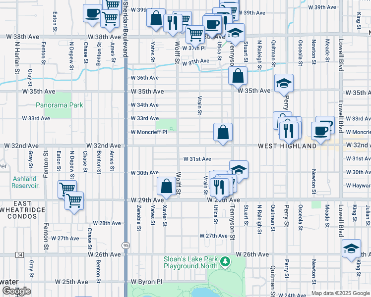 map of restaurants, bars, coffee shops, grocery stores, and more near 4720 West 32nd Avenue in Denver