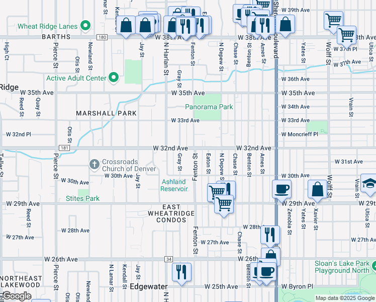 map of restaurants, bars, coffee shops, grocery stores, and more near 3190 Gray Street in Denver