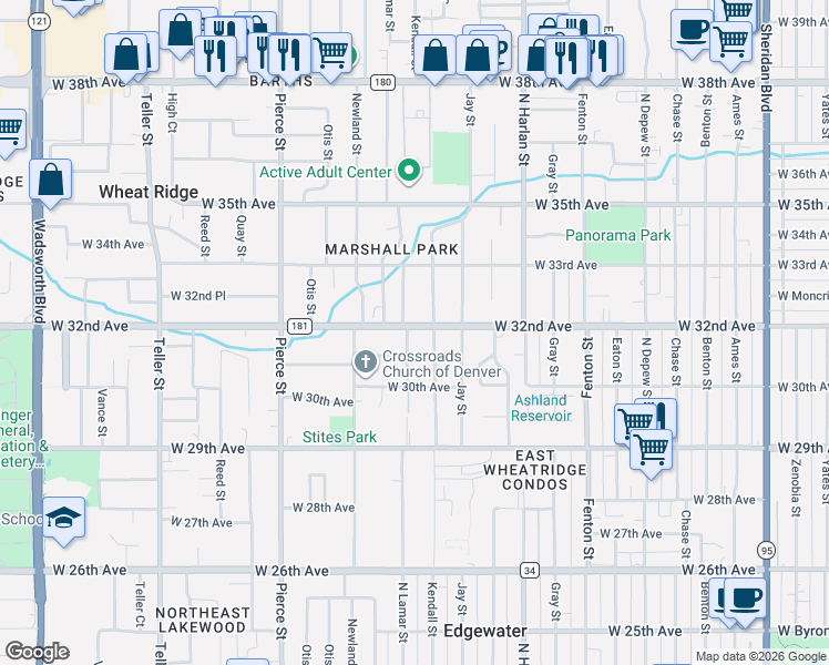 map of restaurants, bars, coffee shops, grocery stores, and more near 6440 West 32nd Avenue in Wheat Ridge