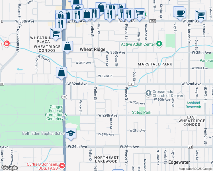 map of restaurants, bars, coffee shops, grocery stores, and more near 7030 West 32nd Avenue in Wheat Ridge