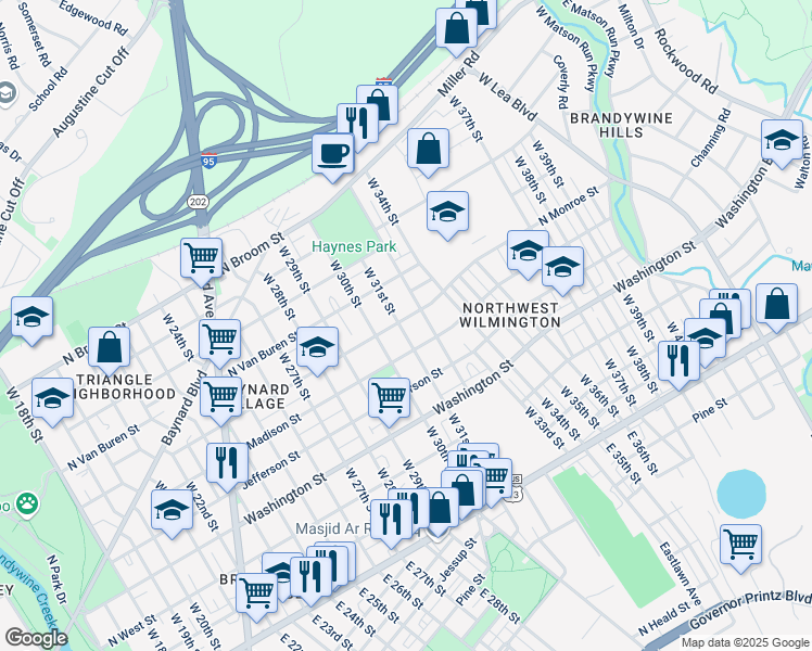map of restaurants, bars, coffee shops, grocery stores, and more near 510 West 32nd Street in Wilmington