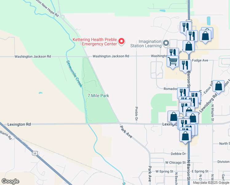 map of restaurants, bars, coffee shops, grocery stores, and more near 1600 Park Avenue in Eaton