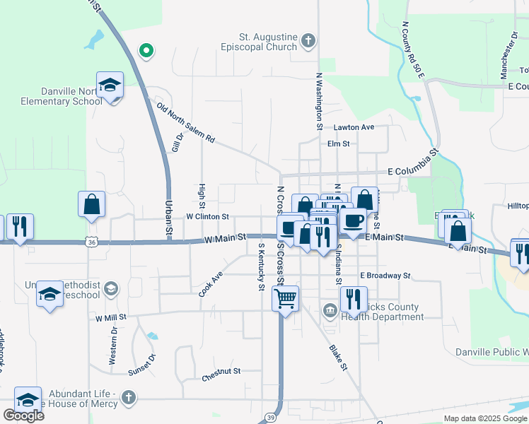 map of restaurants, bars, coffee shops, grocery stores, and more near 302 West Clinton Street in Danville