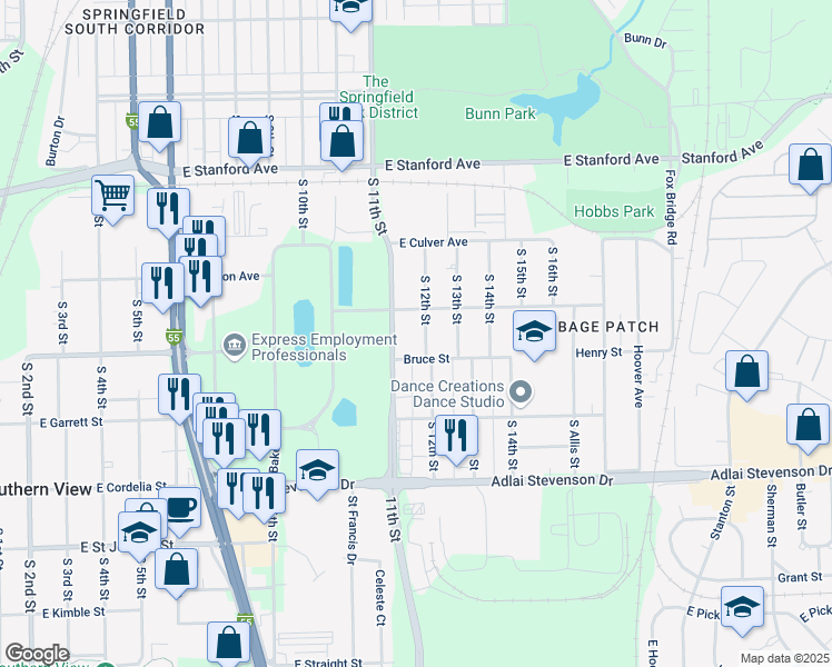 map of restaurants, bars, coffee shops, grocery stores, and more near 2912 South 12th Street in Springfield