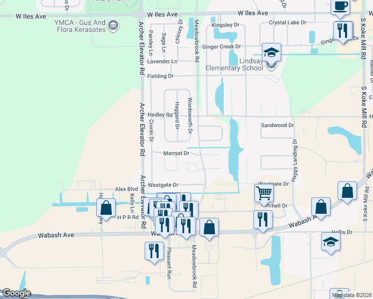map of restaurants, bars, coffee shops, grocery stores, and more near 4003 Marryat Drive in Springfield