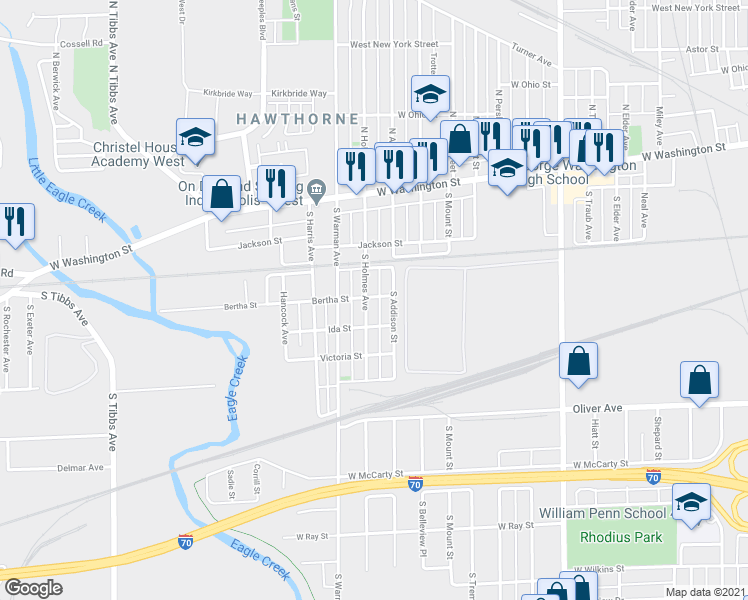 map of restaurants, bars, coffee shops, grocery stores, and more near 301 South Holmes Avenue in Indianapolis
