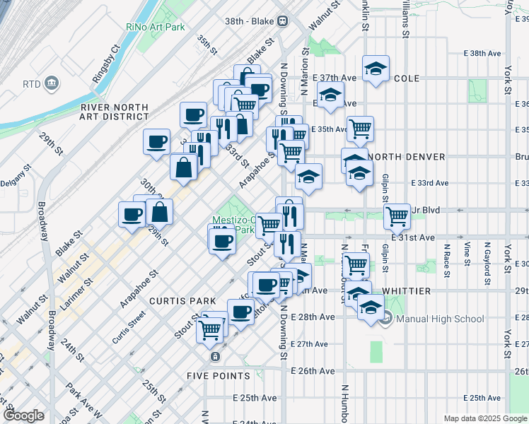 map of restaurants, bars, coffee shops, grocery stores, and more near 3215 Champa Street in Denver