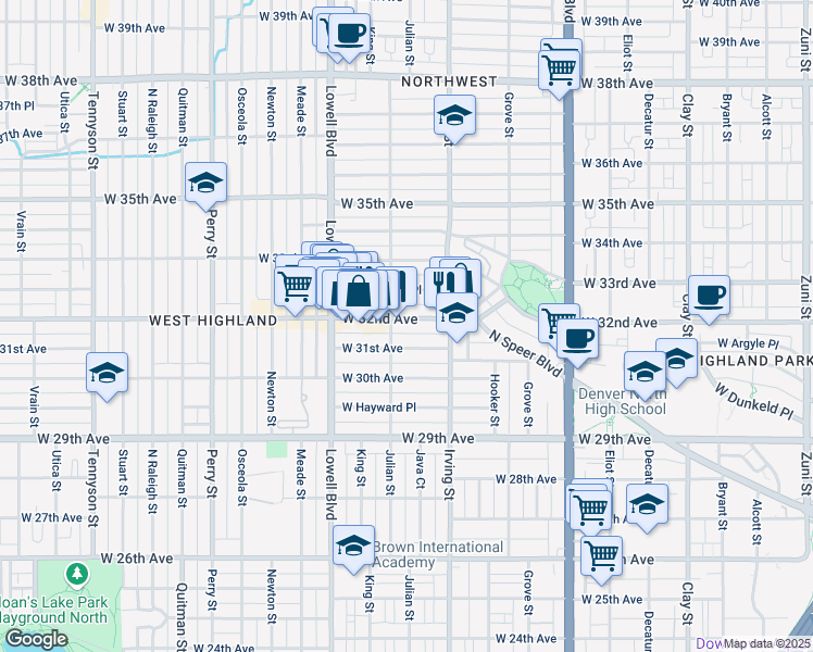 map of restaurants, bars, coffee shops, grocery stores, and more near 3366 West 32nd Avenue in Denver