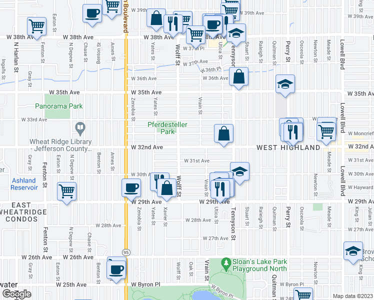 map of restaurants, bars, coffee shops, grocery stores, and more near 4720 West 32nd Avenue in Denver