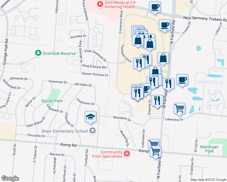 map of restaurants, bars, coffee shops, grocery stores, and more near 2474 Queen Elizabeth Court in Beavercreek