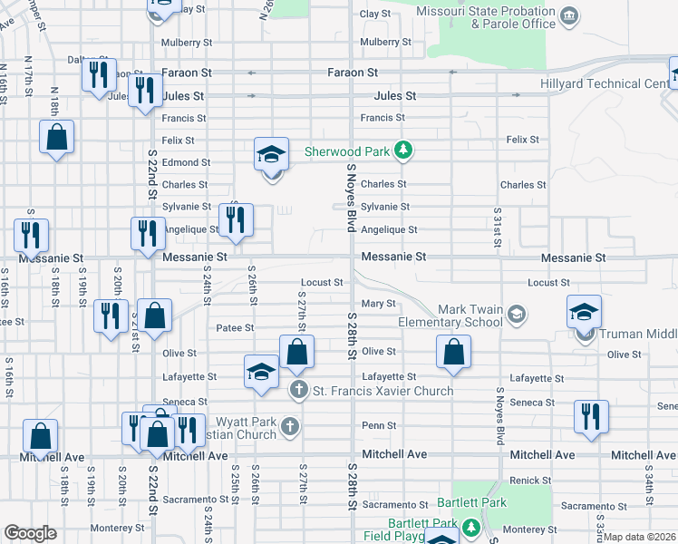 map of restaurants, bars, coffee shops, grocery stores, and more near 2717 Locust Street in Saint Joseph