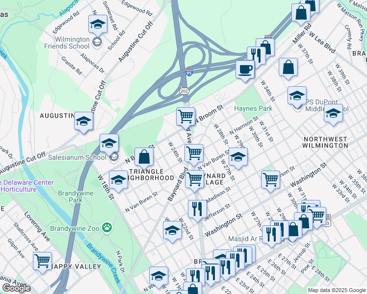 map of restaurants, bars, coffee shops, grocery stores, and more near 810 West 25th Street in Wilmington